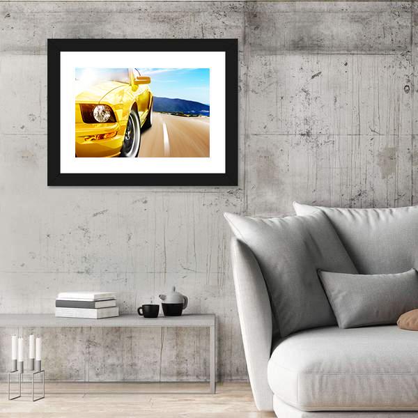 Yellow Sport Car On A Narrow Road Canvas Wall Art-3 Horizontal-Gallery Wrap-25" x 16"-Tiaracle
