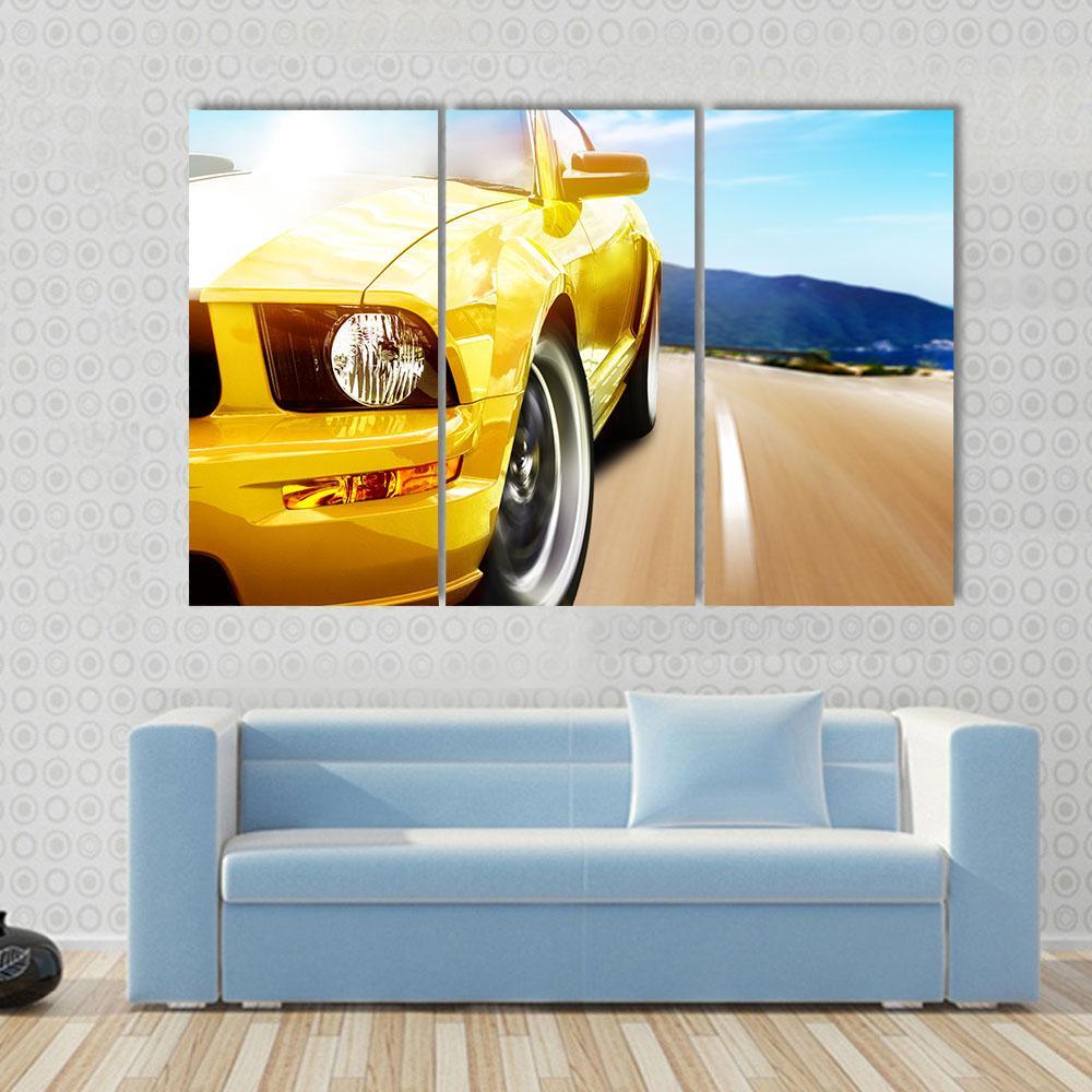 Yellow Sport Car On A Narrow Road Canvas Wall Art-3 Horizontal-Gallery Wrap-37" x 24"-Tiaracle