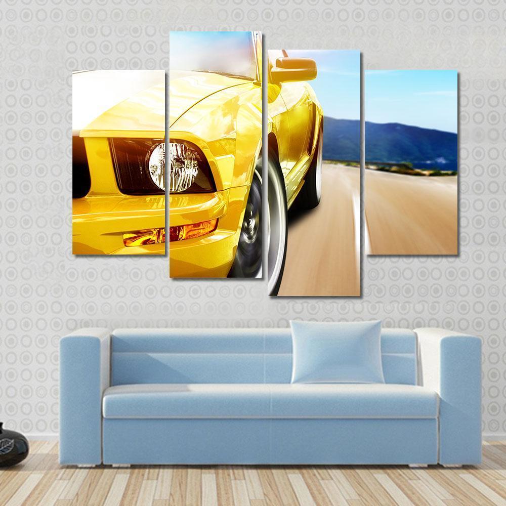 Yellow Sport Car On A Narrow Road Canvas Wall Art-4 Pop-Gallery Wrap-50" x 32"-Tiaracle