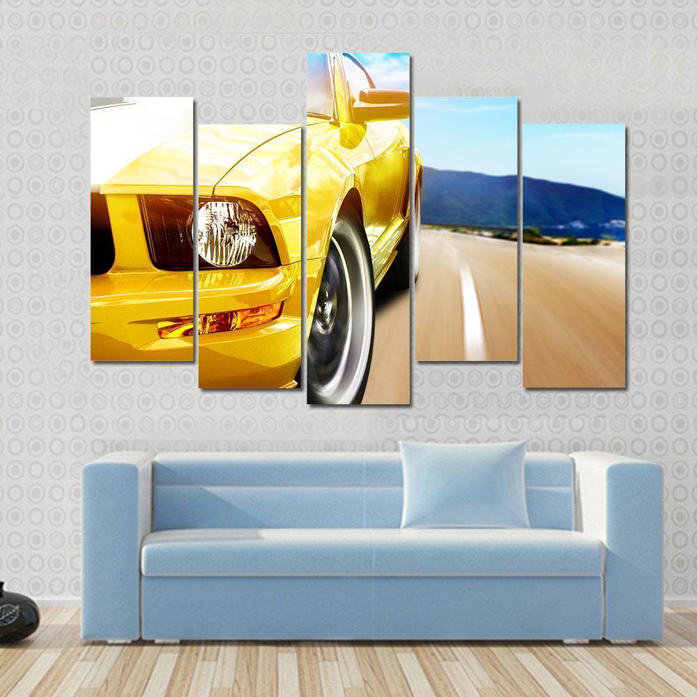 Yellow Sport Car On A Narrow Road Canvas Wall Art-5 Pop-Gallery Wrap-47" x 32"-Tiaracle