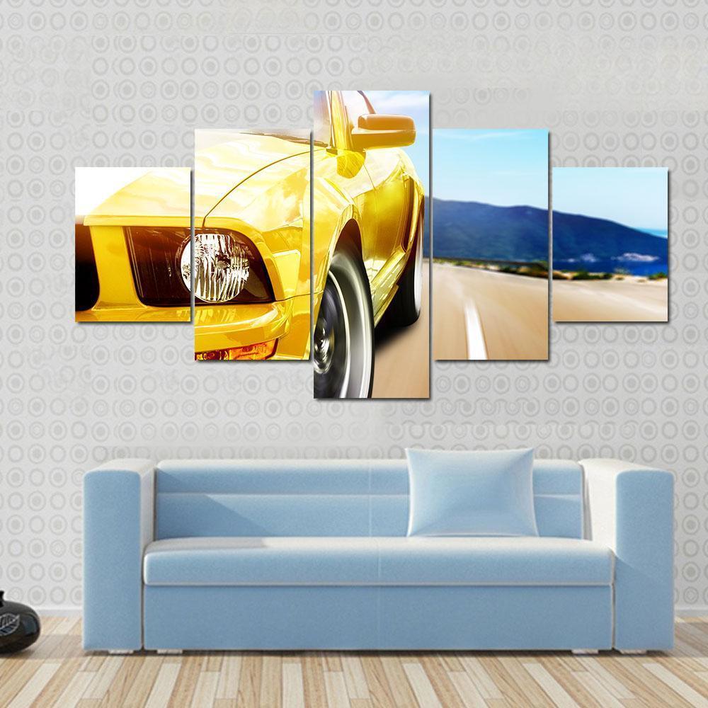 Yellow Sport Car On A Narrow Road Canvas Wall Art-5 Star-Gallery Wrap-62" x 32"-Tiaracle