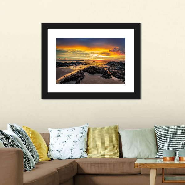 Yellow Sunset Over Sea Canvas Wall Art-1 Piece-Framed Print-30" x 20"-Tiaracle