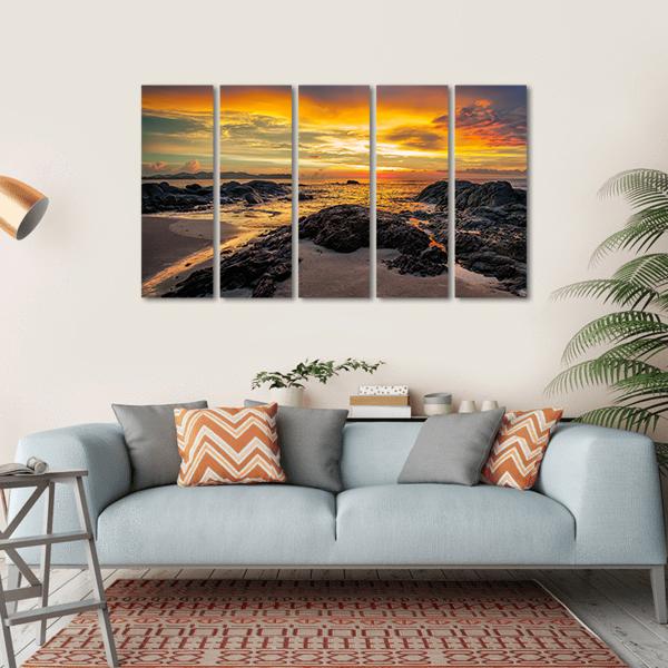 Yellow Sunset Over Sea Canvas Wall Art-5 Horizontal-Gallery Wrap-22" x 12"-Tiaracle