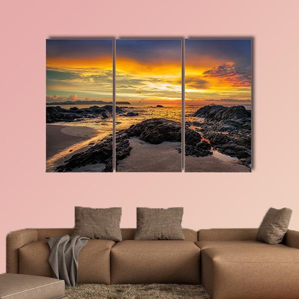 Yellow Sunset Over Sea Canvas Wall Art-3 Horizontal-Gallery Wrap-37" x 24"-Tiaracle