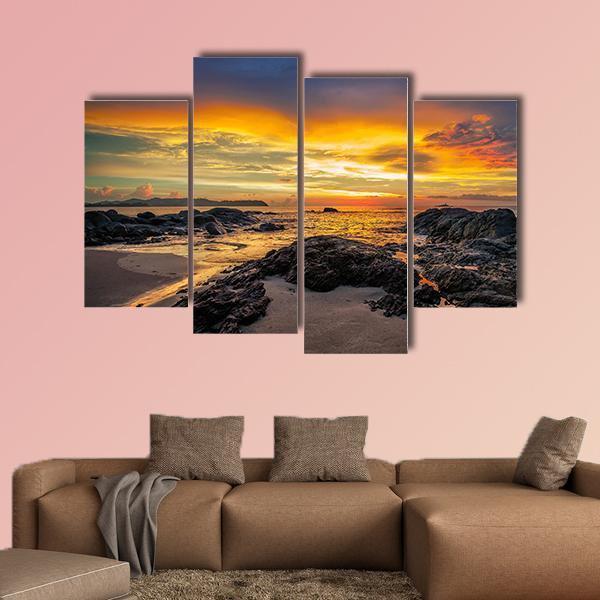 Yellow Sunset Over Sea Canvas Wall Art-4 Pop-Gallery Wrap-50" x 32"-Tiaracle