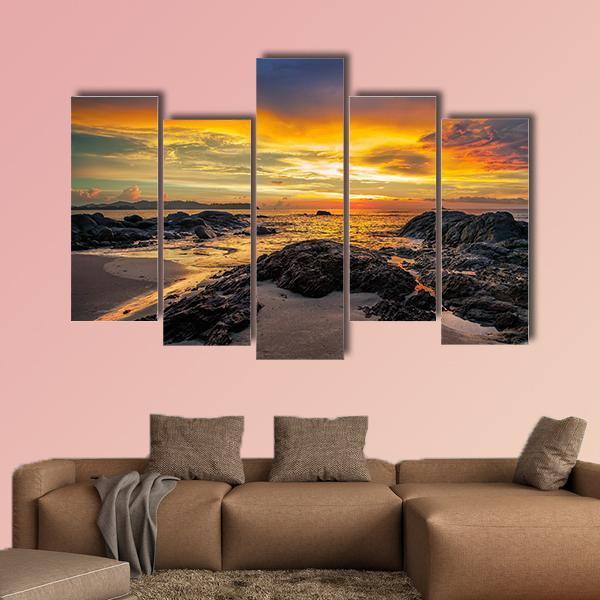 Yellow Sunset Over Sea Canvas Wall Art-5 Pop-Gallery Wrap-47" x 32"-Tiaracle