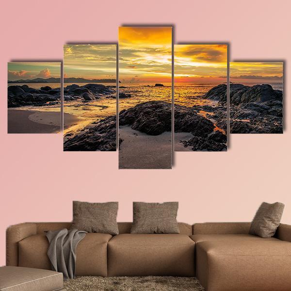 Yellow Sunset Over Sea Canvas Wall Art-5 Star-Gallery Wrap-62" x 32"-Tiaracle