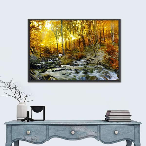 Yellow Trees Foliage And Rocks In Forest Canvas Wall Art-1 Piece-Floating Frame-24" x 16"-Tiaracle