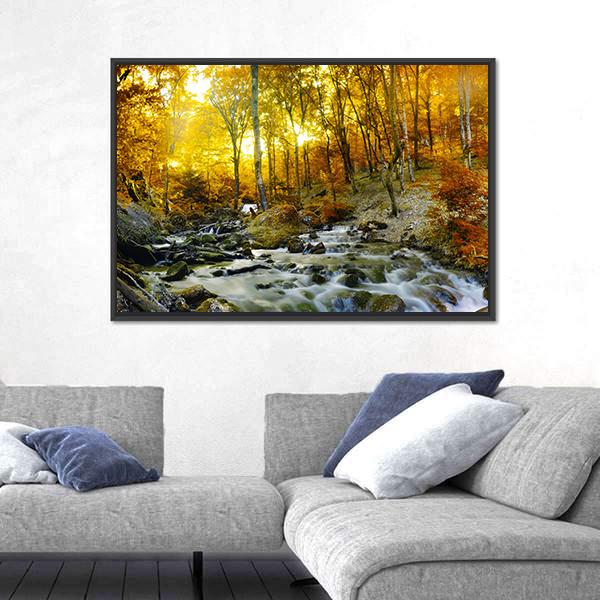 Yellow Trees Foliage And Rocks In Forest Canvas Wall Art-5 Horizontal-Gallery Wrap-22" x 12"-Tiaracle