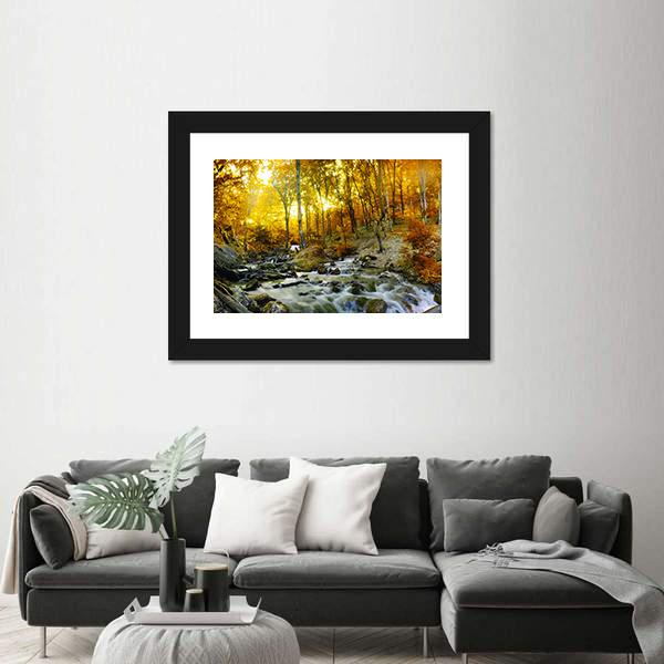 Yellow Trees Foliage And Rocks In Forest Canvas Wall Art-5 Horizontal-Gallery Wrap-22" x 12"-Tiaracle
