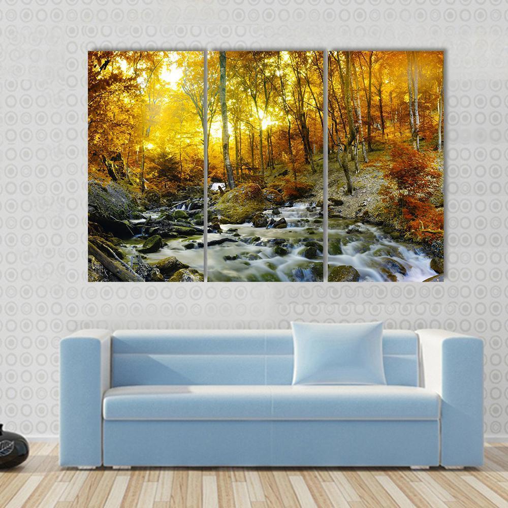 Yellow Trees Foliage And Rocks In Forest Canvas Wall Art-3 Horizontal-Gallery Wrap-37" x 24"-Tiaracle