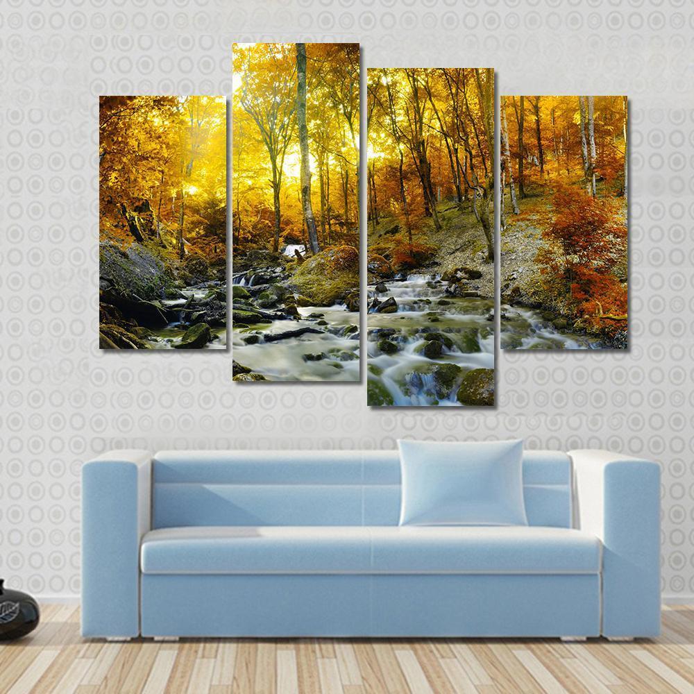 Yellow Trees Foliage And Rocks In Forest Canvas Wall Art-4 Pop-Gallery Wrap-50" x 32"-Tiaracle