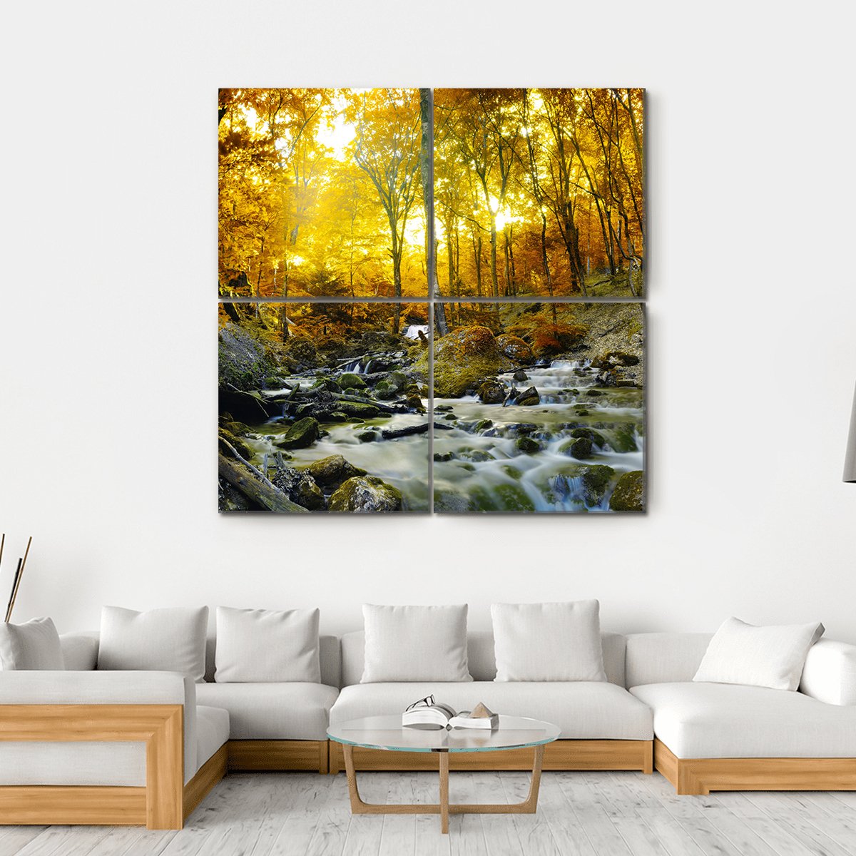 Yellow Trees Foliage And Rocks In Forest Canvas Wall Art-4 Square-Gallery Wrap-17" x 17"-Tiaracle