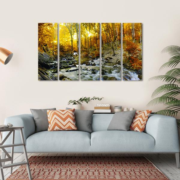Yellow Trees Foliage And Rocks In Forest Canvas Wall Art-5 Horizontal-Gallery Wrap-22" x 12"-Tiaracle