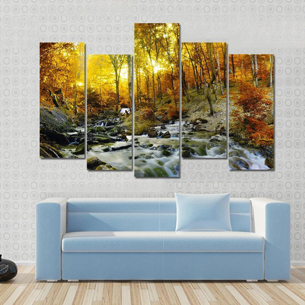 Yellow Trees Foliage And Rocks In Forest Canvas Wall Art-5 Pop-Gallery Wrap-47" x 32"-Tiaracle
