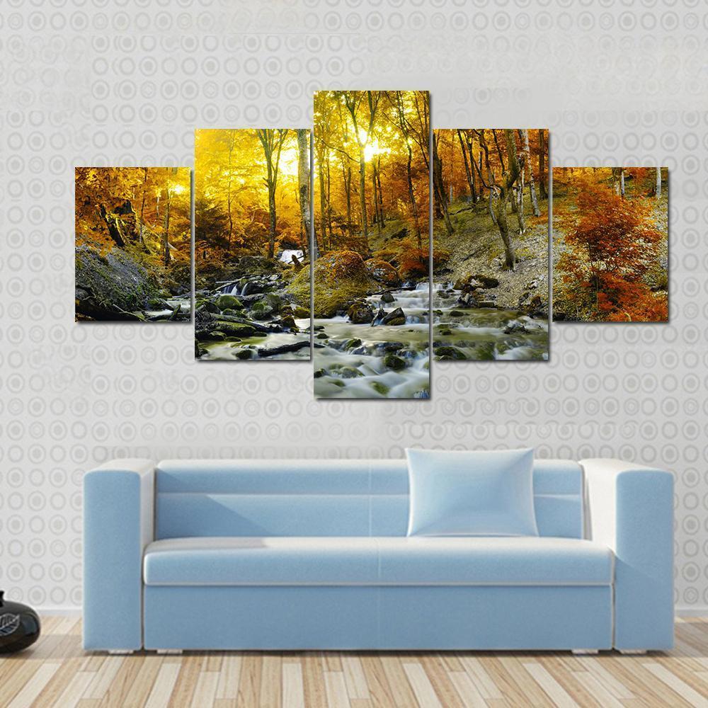 Yellow Trees Foliage And Rocks In Forest Canvas Wall Art-5 Star-Gallery Wrap-62" x 32"-Tiaracle