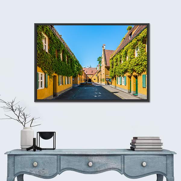 Yellow Walls In The Fuggerei Canvas Wall Art-1 Piece-Floating Frame-24" x 16"-Tiaracle