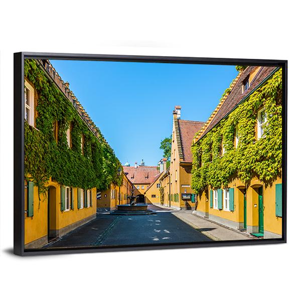 Yellow Walls In The Fuggerei Canvas Wall Art-3 Horizontal-Gallery Wrap-25" x 16"-Tiaracle