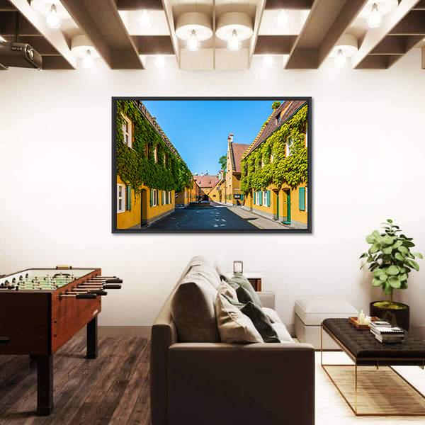 Yellow Walls In The Fuggerei Canvas Wall Art-3 Horizontal-Gallery Wrap-25" x 16"-Tiaracle