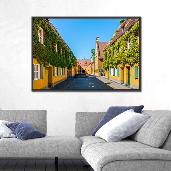 Yellow Walls In The Fuggerei Canvas Wall Art-3 Horizontal-Gallery Wrap-25" x 16"-Tiaracle