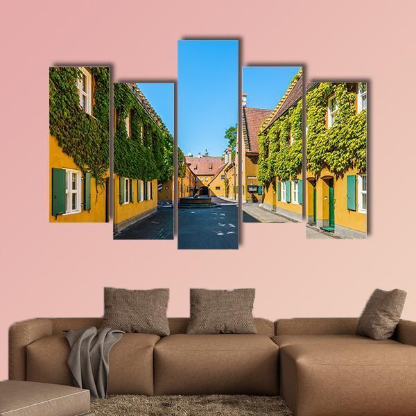 Yellow Walls In The Fuggerei Canvas Wall Art-5 Pop-Gallery Wrap-47" x 32"-Tiaracle