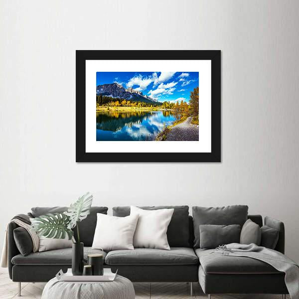 Yellowing Aspens Surround The Lake Canvas Wall Art-1 Piece-Framed Print-42" x 14"-Tiaracle