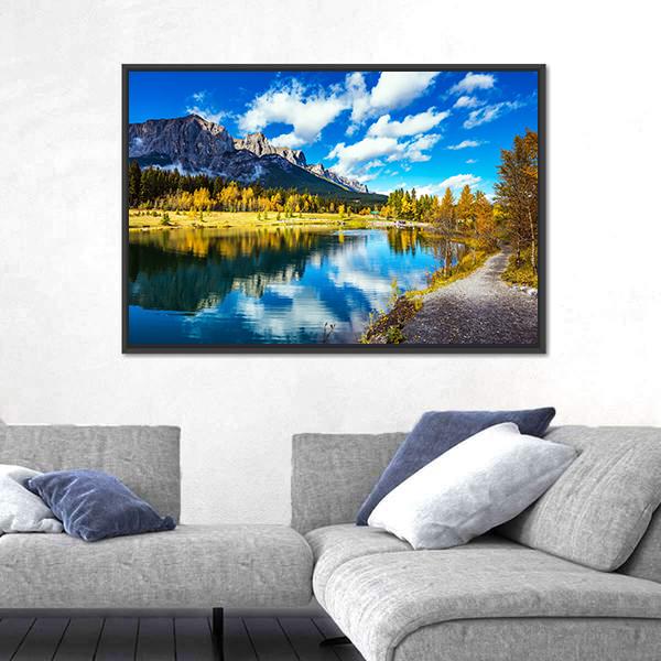 Yellowing Aspens Surround The Lake Canvas Wall Art-1 Piece-Floating Frame-24" x 16"-Tiaracle