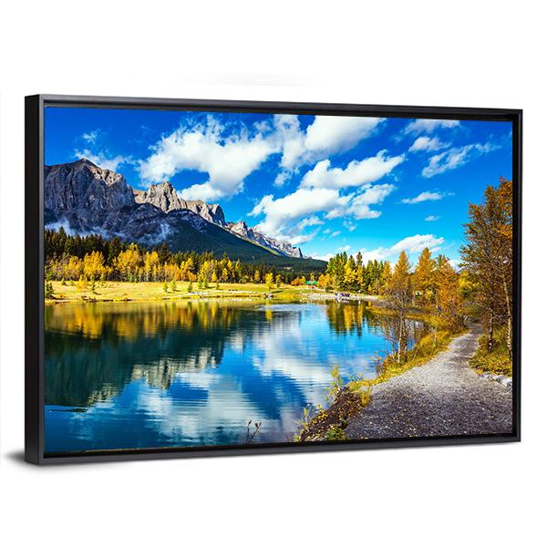 Yellowing Aspens Surround The Lake Canvas Wall Art-3 Horizontal-Gallery Wrap-25" x 16"-Tiaracle