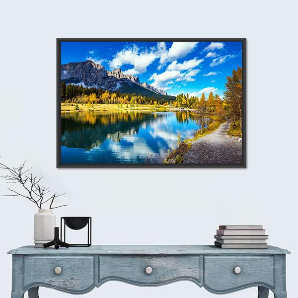 Yellowing Aspens Surround The Lake Canvas Wall Art-3 Horizontal-Gallery Wrap-25" x 16"-Tiaracle