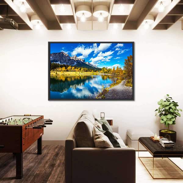 Yellowing Aspens Surround The Lake Canvas Wall Art-3 Horizontal-Gallery Wrap-25" x 16"-Tiaracle