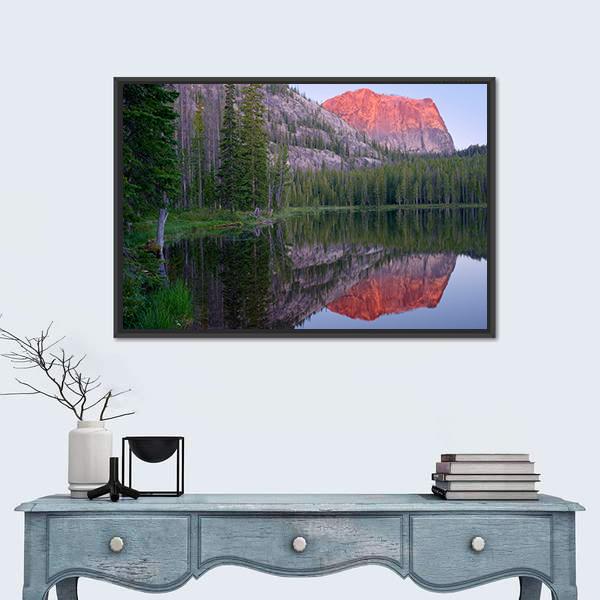 Yellowjacket Lake and Sugarloaf Mountain Canvas Wall Art in orange, green and blue, framed canvas, product view on a white background