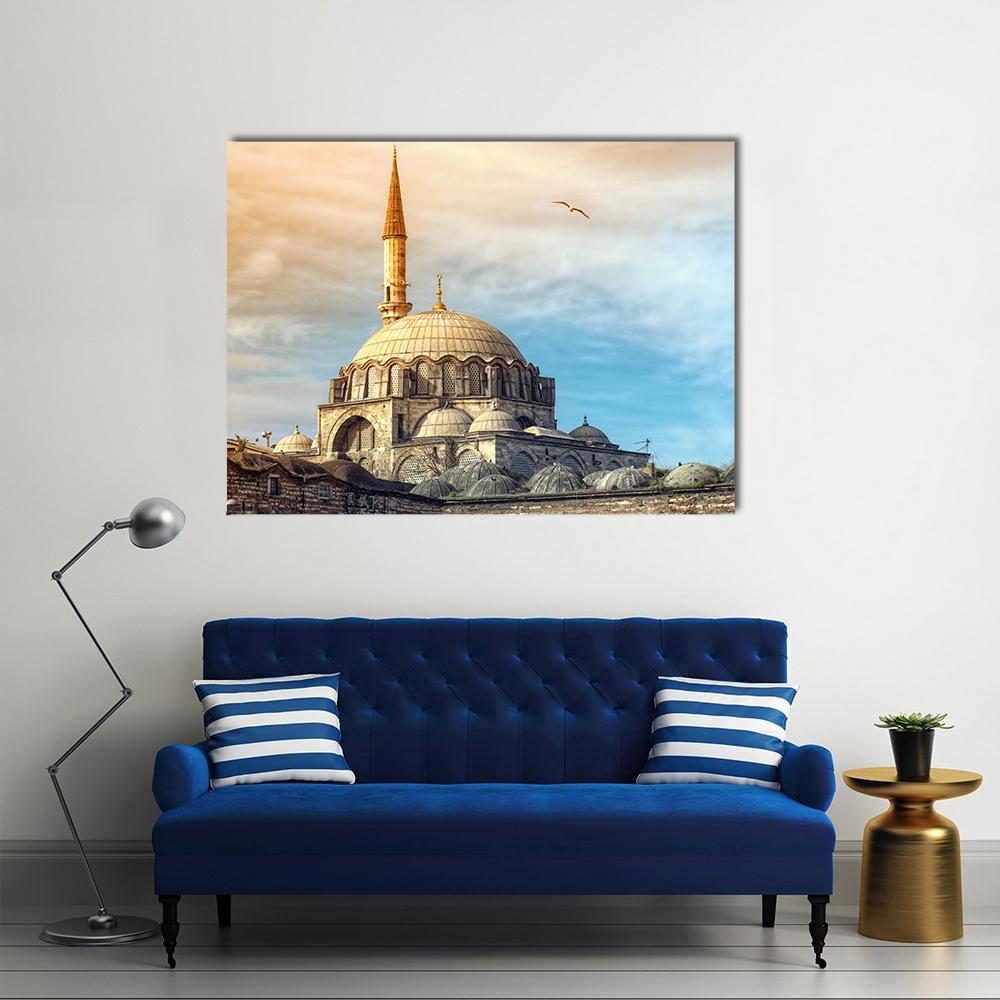 Yeni Cami Mosque at Golden Hour Canvas Wall Art in gold, orange and blue, single panel hung on a wall