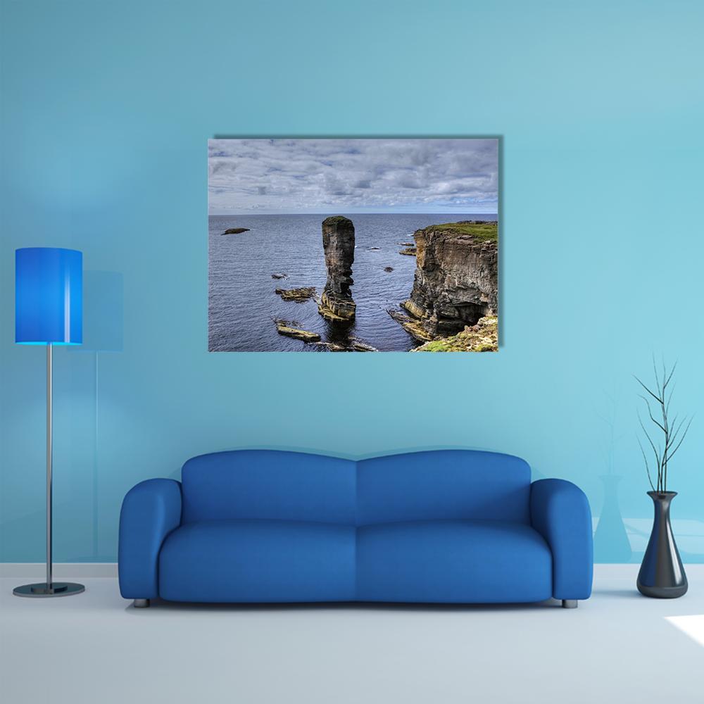 Yesnaby Castle Canvas Wall Art in gray, brown and blue, single panel hung on a wall
