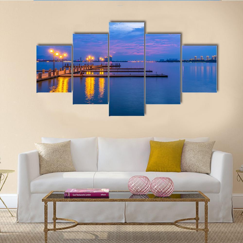 Yixing Shiqiao Lake View at Dusk Canvas Wall Art in orange, yellow and blue, 5 panel Star layout hung on a wall