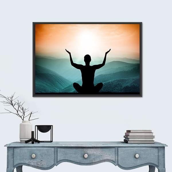 Yoga And Meditation Silhouette Of Man On The Mountain Canvas Wall Art-1 Piece-Floating Frame-24&quot; x 16&quot;-Tiaracle