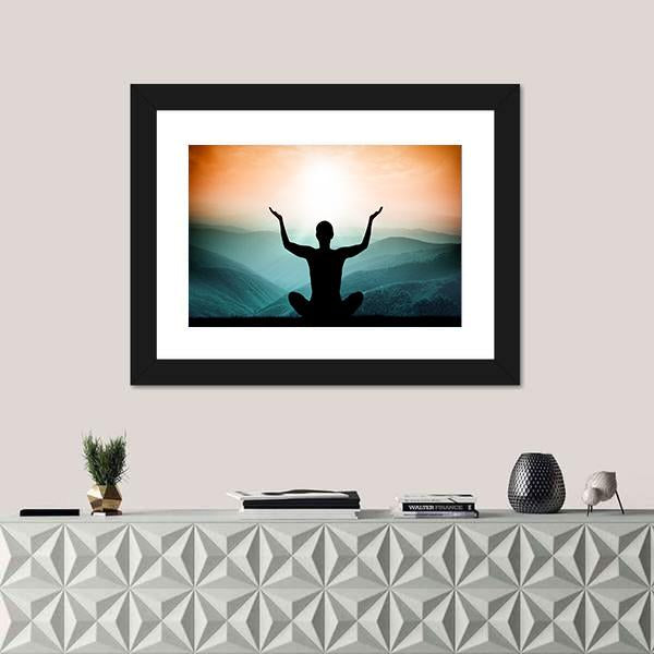 Yoga And Meditation Silhouette Of Man On The Mountain Canvas Wall Art-1 Piece-Framed Print-20&quot; x 16&quot;-Tiaracle