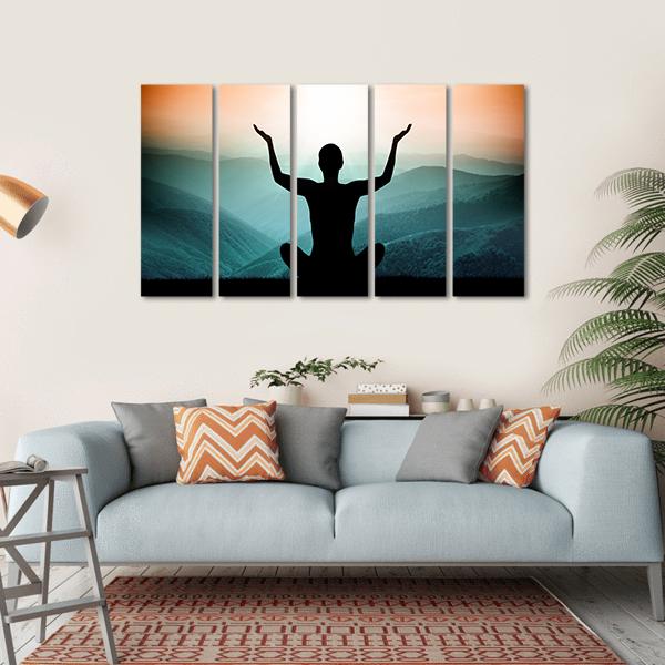 Yoga And Meditation Silhouette Of Man On The Mountain Canvas Wall Art-5 Horizontal-Gallery Wrap-22" x 12"-Tiaracle