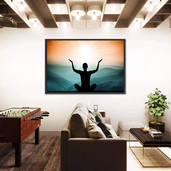 Yoga And Meditation Silhouette Of Man On The Mountain Canvas Wall Art-5 Horizontal-Gallery Wrap-22" x 12"-Tiaracle