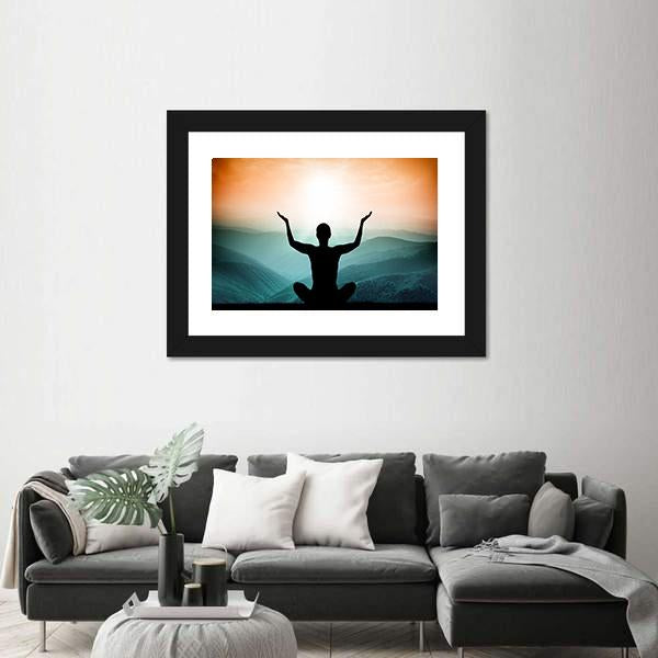 Yoga And Meditation Silhouette Of Man On The Mountain Canvas Wall Art-5 Horizontal-Gallery Wrap-22" x 12"-Tiaracle