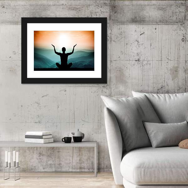 Yoga And Meditation Silhouette Of Man On The Mountain Canvas Wall Art-5 Horizontal-Gallery Wrap-22" x 12"-Tiaracle