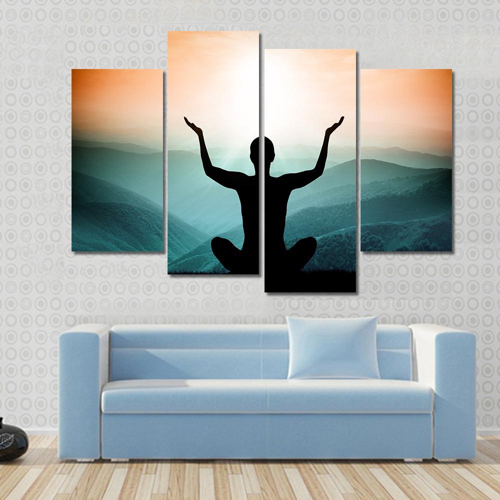 Yoga And Meditation Silhouette Of Man On The Mountain Canvas Wall Art-4 Pop-Gallery Wrap-50&quot; x 32&quot;-Tiaracle
