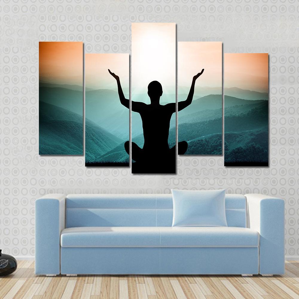 Yoga And Meditation Silhouette Of Man On The Mountain Canvas Wall Art-5 Pop-Gallery Wrap-47&quot; x 32&quot;-Tiaracle
