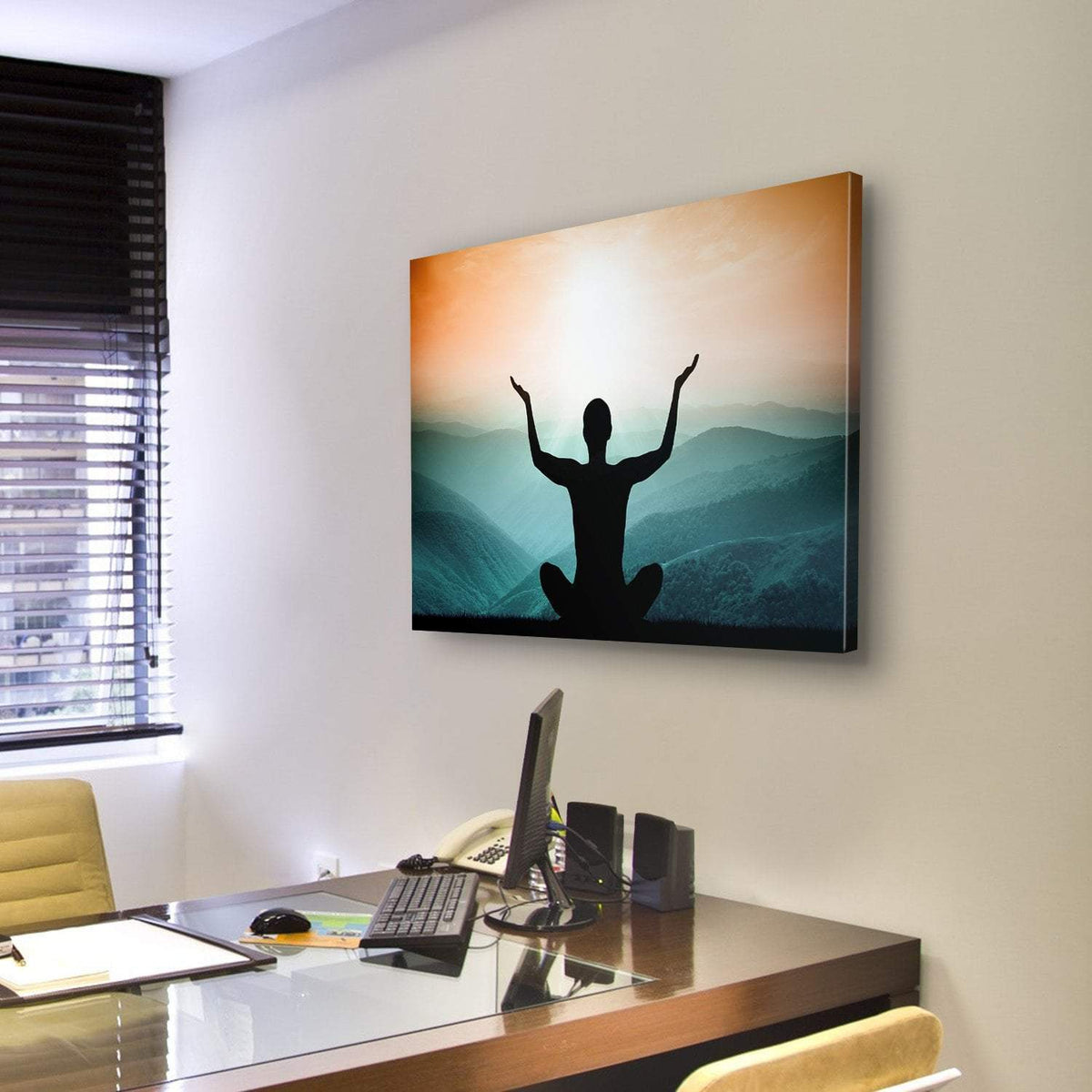 Yoga And Meditation Silhouette Of Man On The Mountain Canvas Wall Art-3 Horizontal-Gallery Wrap-25&quot; x 16&quot;-Tiaracle