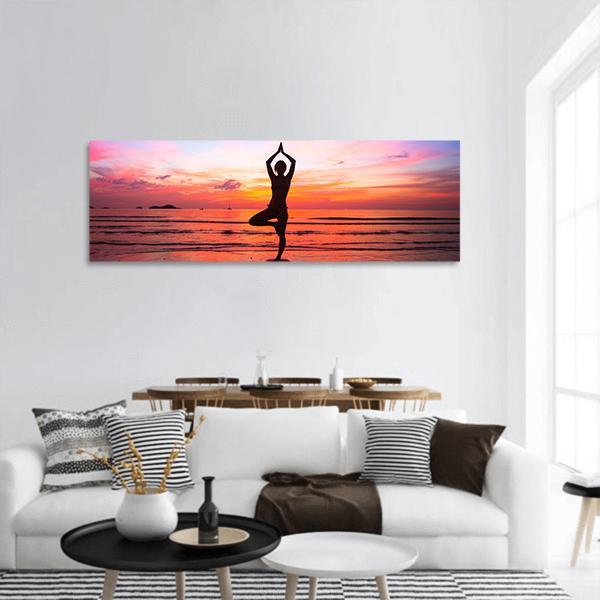Yoga At Seaside Panoramic Canvas Wall Art-3 Piece-25" x 08"-Tiaracle