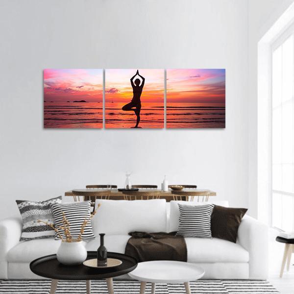 Yoga At Seaside Panoramic Canvas Wall Art-3 Piece-25" x 08"-Tiaracle