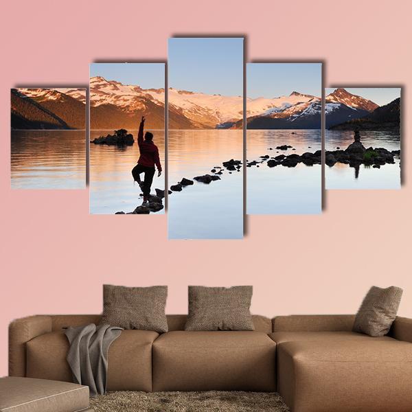 Yoga Girl In Garibaldi Lake Canvas Wall Art-5 Star-Gallery Wrap-62&quot; x 32&quot;-Tiaracle