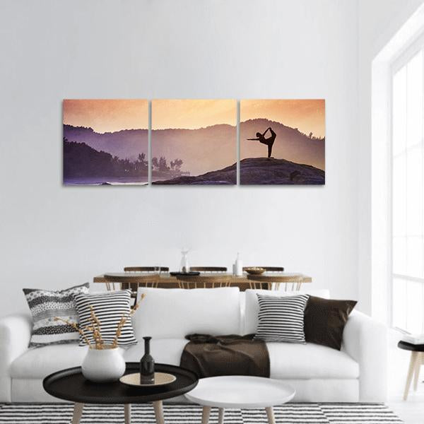 Yoga On Mountains Panoramic Canvas Wall Art-3 Piece-25" x 08"-Tiaracle