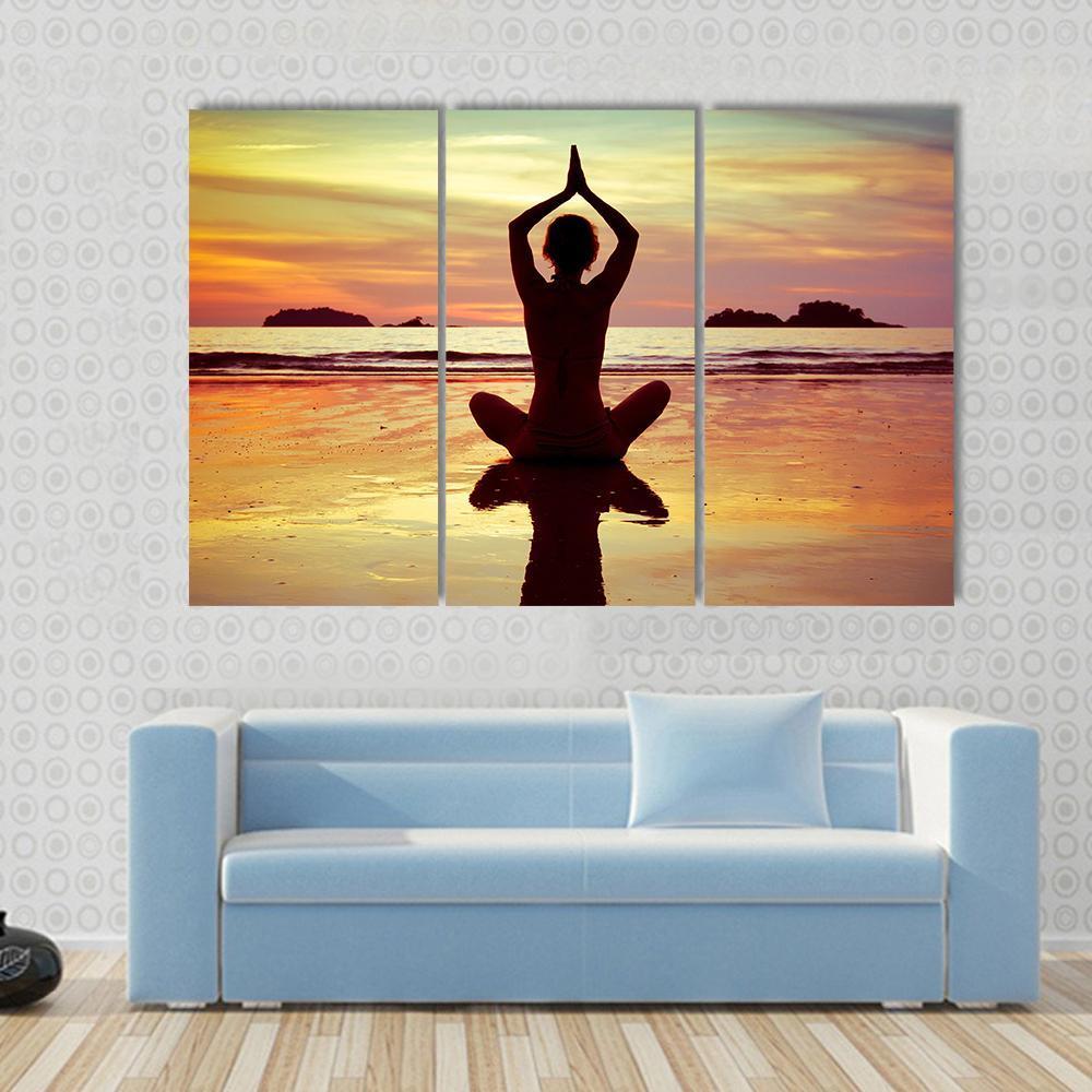 Yoga On The Beach Canvas Wall Art-3 Horizontal-Gallery Wrap-37&quot; x 24&quot;-Tiaracle