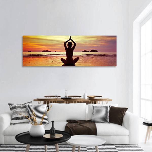 Yoga On The Beach Panoramic Canvas Wall Art-3 Piece-25" x 08"-Tiaracle