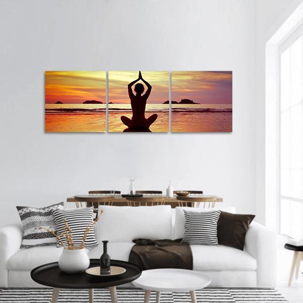 Yoga On The Beach Panoramic Canvas Wall Art-3 Piece-25&quot; x 08&quot;-Tiaracle